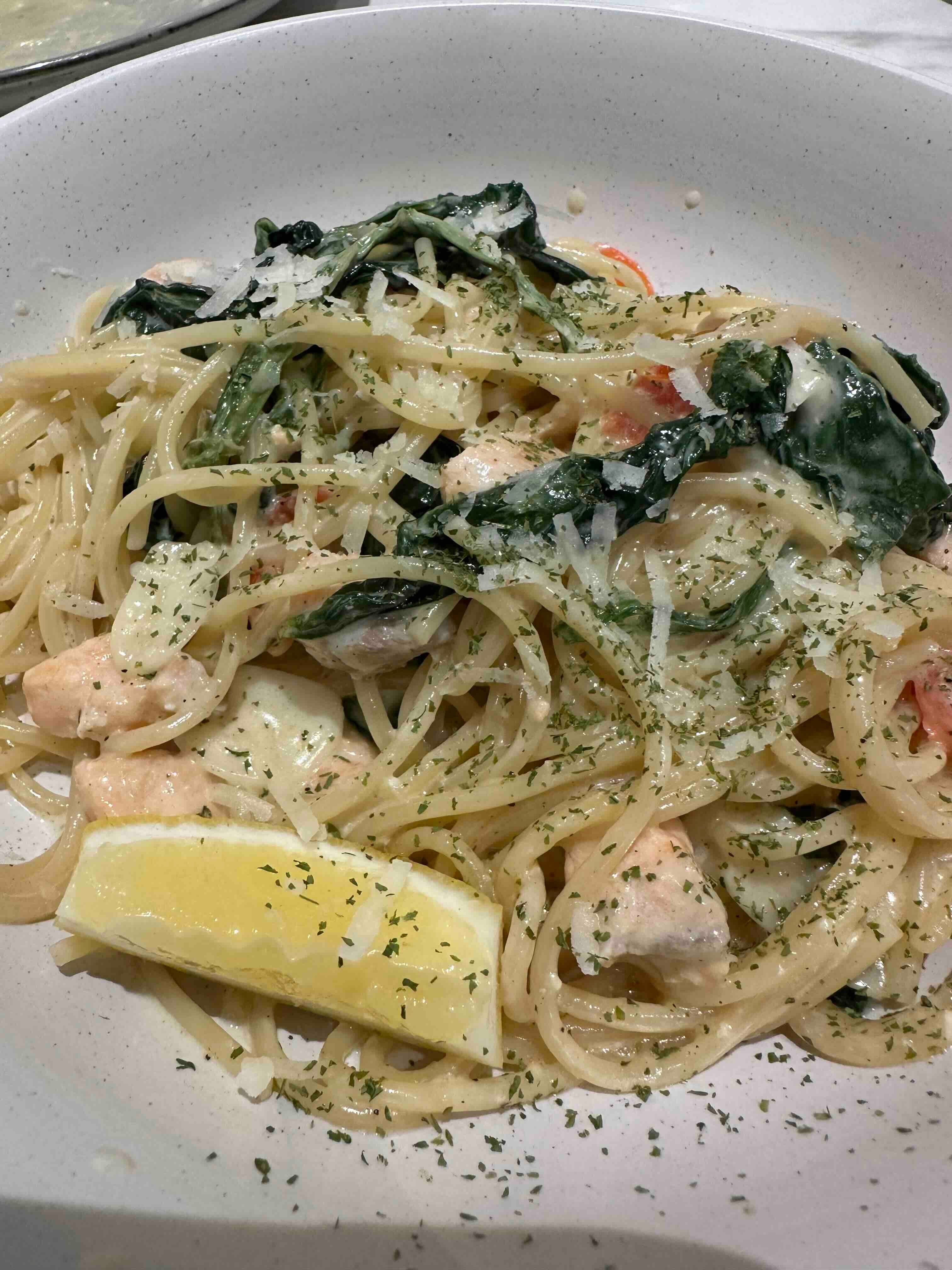 Seafood pasta with shrimp and spinach